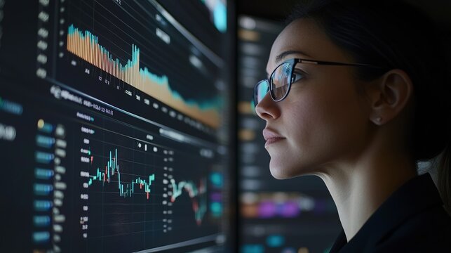 A trader assesses data on a virtual screen. The display includes price graphs, indicators, and financial information related to stock market investments and cryptocurrency trading. 