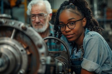 Young mechanic with an older mentor in a workshop, showcasing teamwork and skill.
