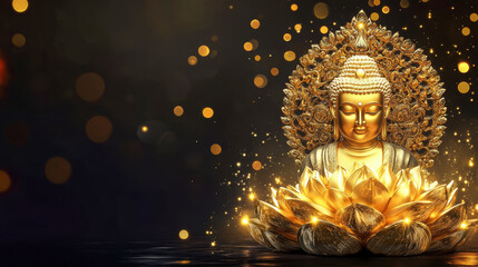 Obraz premium Golden Buddha radiating light amidst glowing lotus flowers, a serene homage to ancient Indian culture and spirituality