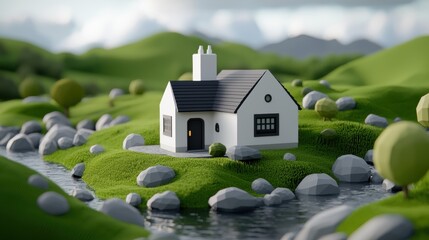 Low-poly small farmhouse surrounded by rolling fields