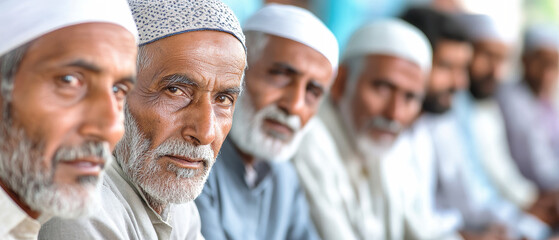 Elderly Muslim men engage in heartfelt conversations during a village gathering in India
