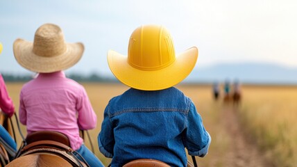 Children riding horses in a field, wearing colorful cowboy hats.