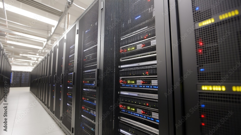 Poster high-tech data center with rows of server racks illuminated by colorful led lights in a modern facil