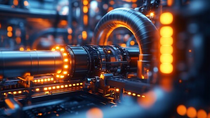 Close-up of intricate industrial machinery with glowing orange lights.