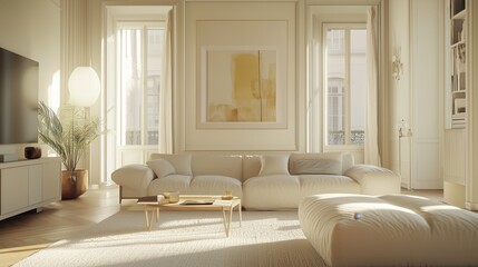 Fototapeta premium Bright Minimalist Living Room with Neutral Tones and Natural Light - made with Generative AI
