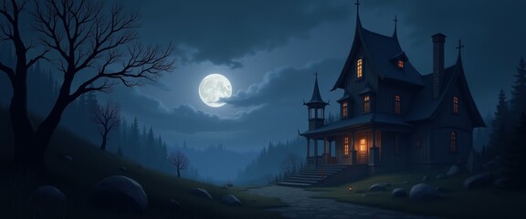 Night scene with hous, trees, full moon. Mystical atmosphere. Halloween holiday concept.