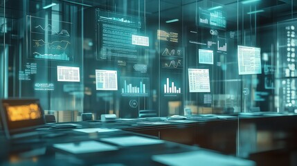 Futuristic control room filled with glowing digital data displays for cybersecurity and technology.