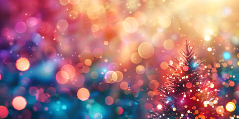 Vibrant Christmas Lights and Bokeh Effects on a Colorful Background, Creating a Joyful Holiday Atmosphere