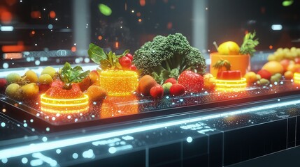 Digital futuristic food display showcases vibrant organic produce on a high-tech glowing surface.