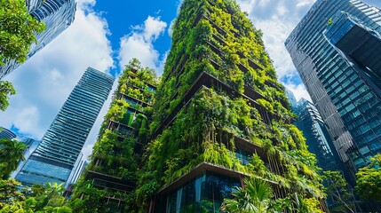 Obraz premium Lush green vertical garden on modern skyscraper amidst city buildings.