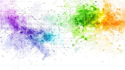 Obraz premium An abstract watercolor splash background that combines vibrant greens, purples, and oranges, creating a lively atmosphere. The fluid, organic shapes offer a sense of movement, making it suitable for