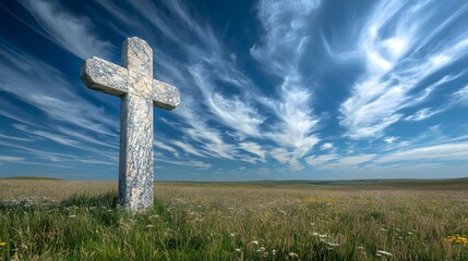 Stone cross in grassy field under dramatic sky.