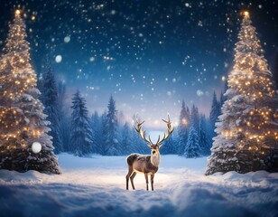 Magical Reindeer in a Snowy Christmas Forest with Lights and Stars