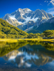 Naklejka premium Mountain Serenity: A tranquil scene of nature's majesty unfolds, with a majestic snow-capped mountain reflected in the crystal-clear waters of a serene lake. Lush greenery frames the picture.