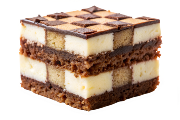 checkerboard cake slice with alternating chocolate and vanilla squares cut out isolated on white background