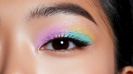 Fototapeta premium A portrait featuring a dramatic eye makeup look with colorful pigments on a model, emphasized by the subtle texture of the black background, drawing the viewers focus to the artistry of the makeup.