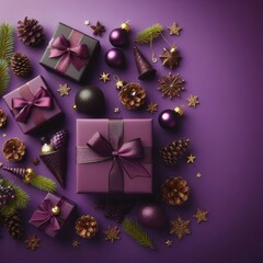 Festive Background with Purple Presents - Wallpaper with space for copy - Giftboxes and Decoration - Christmas luxury themed - Confetti, Ribbons, Stars and Ornaments - Black Friday, Valentine, Sale