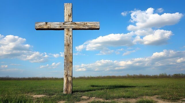 Weathered wooden cross in a grassy field under a blue sky with clouds.