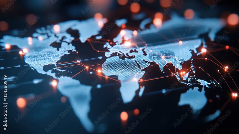 Poster global network: a world map illuminated with glowing connections, representing the intricate network