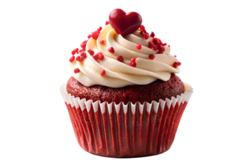 red velvet cupcake with heart-shaped sprinkles cut out isolated on white background