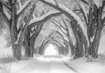 Fototapeta premium Enchanting Winter Wonderland Pathway Surrounded by Snow-Covered Trees in a Serene Landscape, Inviting Peacefulness and Tranquility in Monochrome Shades