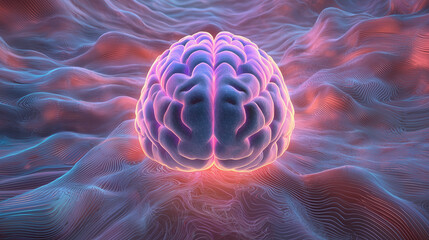 A radiant brain-shaped structure composed of neon blue and purple nodes connected by shimmering light pathways, set against a backdrop of abstract digital waves, symbolizing machin