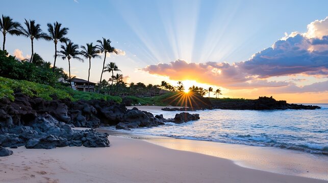 An enchanting sunset over a tranquil beach, with the sky ablaze in vibrant colors while palm trees sway gently in the breeze. This captivating image evokes feelings of wanderlust and escape, ideal