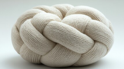 Cream-colored pouf made of large soft yarn set against a white background, perfect for cozy home decor and comfortable seating