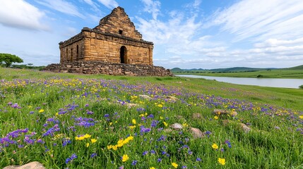 Historic Temple Surrounded by Blooming Flowers