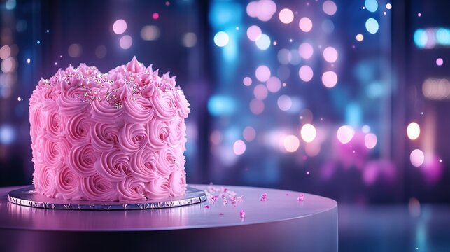 Elegant pink cake with decorative swirls on table in blurred romantic setting. The 14th of February. Happy Valentine's Day