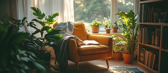 Fototapeta premium Cozy reading nook with plants and books by a sunlit window.