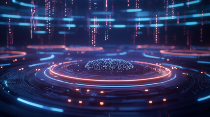 Fototapeta premium A futuristic AI brain made of glowing circuitry and translucent nodes hovers in a digital blue environment with swirling light patterns and interconnected holographic designs.