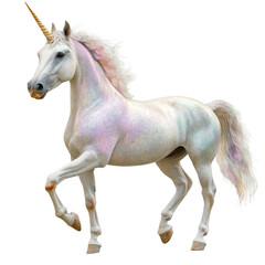 White unicorn with rainbow mane and gold horn isolated on white background