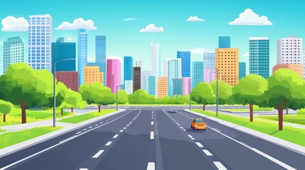 Fototapeta premium City and roads background illustration concept. Public park and town with sky background.Beautiful nature scene with road to city.