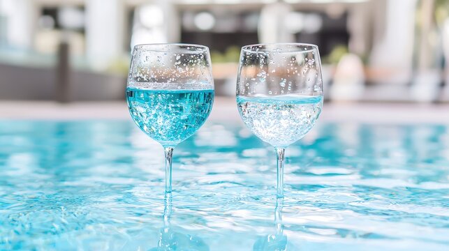 An artistic shot showcasing the playful reflections on a sparkling water surface, with a blend of blue and turquoise hues that evoke a refreshing atmosphere. The balanced symmetry of the composition