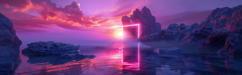 Neon Gateway:  A vibrant, otherworldly landscape, with a glowing neon portal emerging from the mist.  A captivating scene painted in pink and purple hues, evoking dreams, wonder.