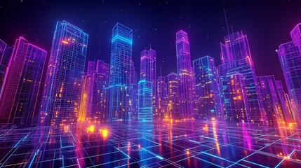 Fototapeta premium Cutting Edge Urban Renewal With Augmented Reality Simulations and AI Driven Traffic Optimization in a Futuristic Neon Lit Metropolis