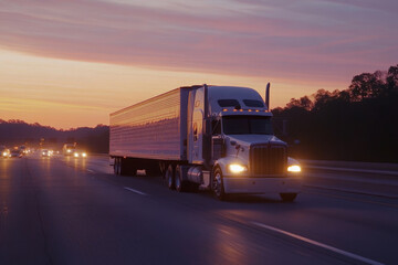 Semi truck with trailer driving on highway road at sunset. Concept of commercial freight transportation and logistics