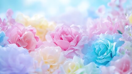 Obraz premium A picturesque garden alive with the colors of diverse floral arrangements, softly blurred to highlight romantic elements in the foreground, creating an enchanting backdrop for fashion or beauty