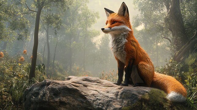 A red fox sits on a rock in a forest.