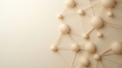 Obraz premium Interconnected glowing nodes forming a web-like structure on a minimalist abstract background, with soft gradients and a spacious area for copy on the left, symbolizing innovation