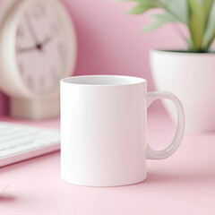 white mug mockup on the table with pink background