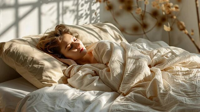 A serene woman sleeps peacefully in a cozy, sunlit bedroom with beige bedding and minimalist decor, evoking tranquility and relaxation.