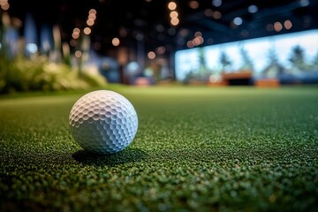 Golf ball resting on green turf in a modern indoor facility with ambient lighting and lush surroundings