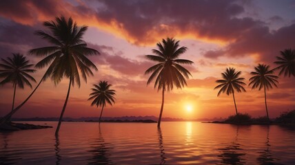 The silhouette of towering coconut palms greets a mesmerizing sunset on a tropical beach. Palm trees at sunset.