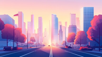 Fototapeta premium City and roads background illustration concept. Public park and town with sky background.Beautiful nature scene with road to city.