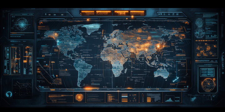 Global Surveillance Network: A futuristic, high-tech interface displaying a global network map