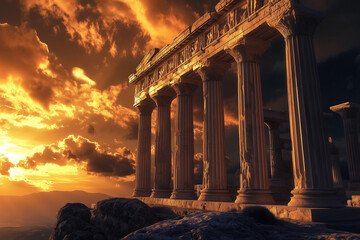 Obraz premium Ancient Greek Temple Silhouette at Sunset: Dramatic Sky and Historic Architecture