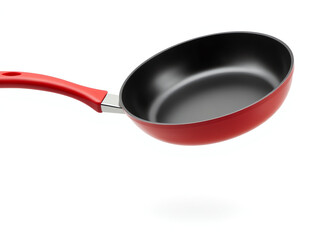 A frying pan featuring a red handle, positioned against a clean white background.