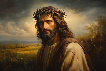 Portrait of a man with a crown of thorns in a pastoral landscape under a dramatic sky